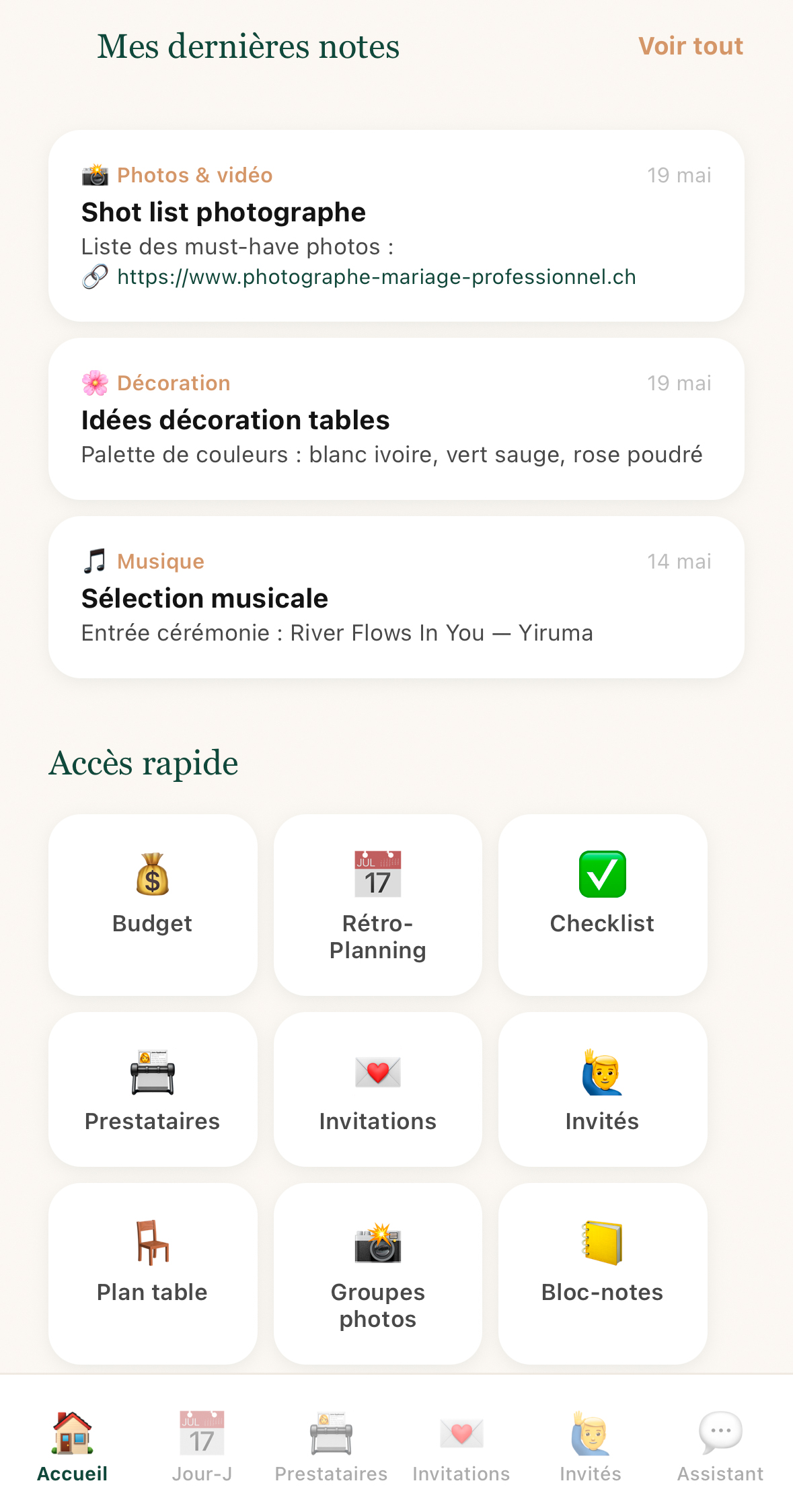 Tableau de bord JoyDday - vue d'ensemble de l'organisation du mariage